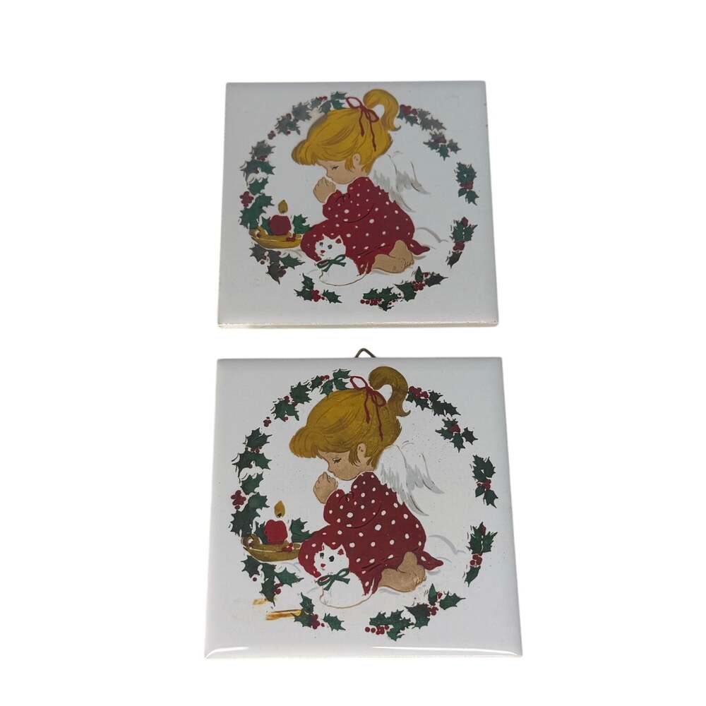 Vintage 1982 Jasco Christmas Ceramic Tile Trivets Set of 2 - Praying Angel Girl